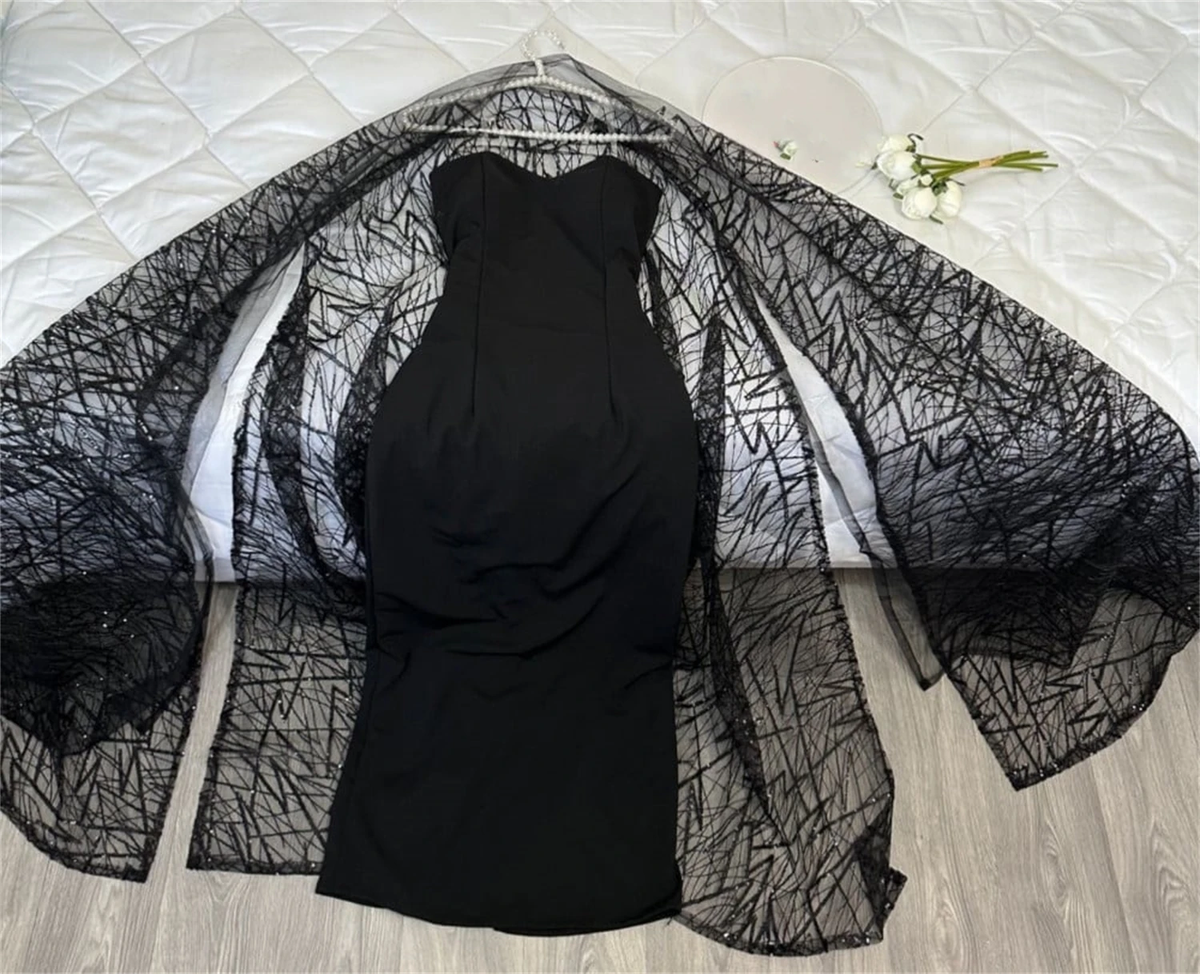Modest Black Spaghetti Straps Sheath Long Formal Prom Gown with Shawl MD7600