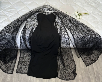 Modest Black Spaghetti Straps Sheath Long Formal Prom Gown with Shawl MD7600