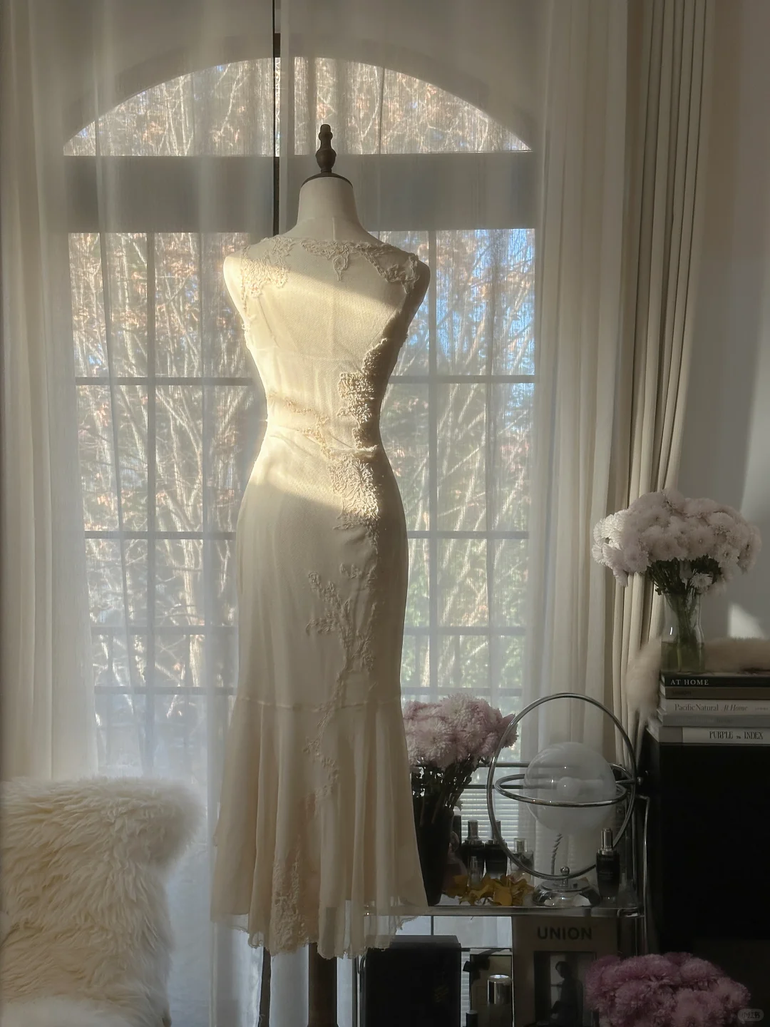 Elegant Sleeveless Ivory Mermaid Chiffon Ankle Length Vintage Party Dress, D950
