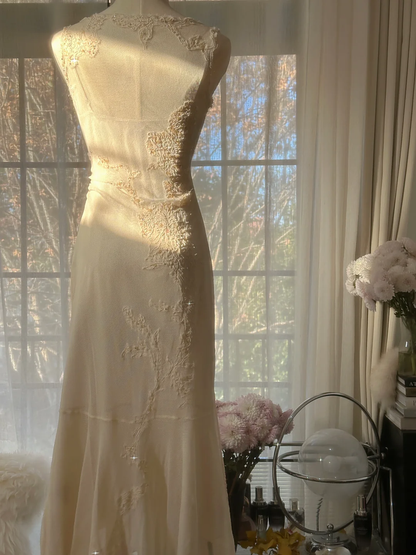 Elegant Sleeveless Ivory Mermaid Chiffon Ankle Length Vintage Party Dress, D950
