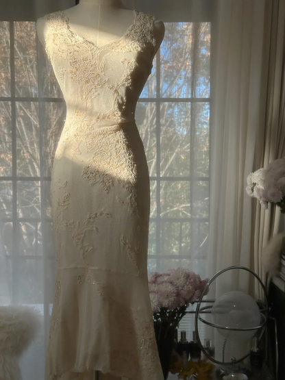 Elegant Sleeveless Ivory Mermaid Chiffon Ankle Length Vintage Party Dress, D950