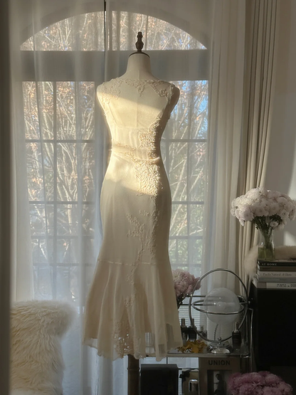 Elegant Sleeveless Ivory Mermaid Chiffon Ankle Length Vintage Party Dress, D950