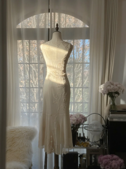 Elegant Sleeveless Ivory Mermaid Chiffon Ankle Length Vintage Party Dress, D950