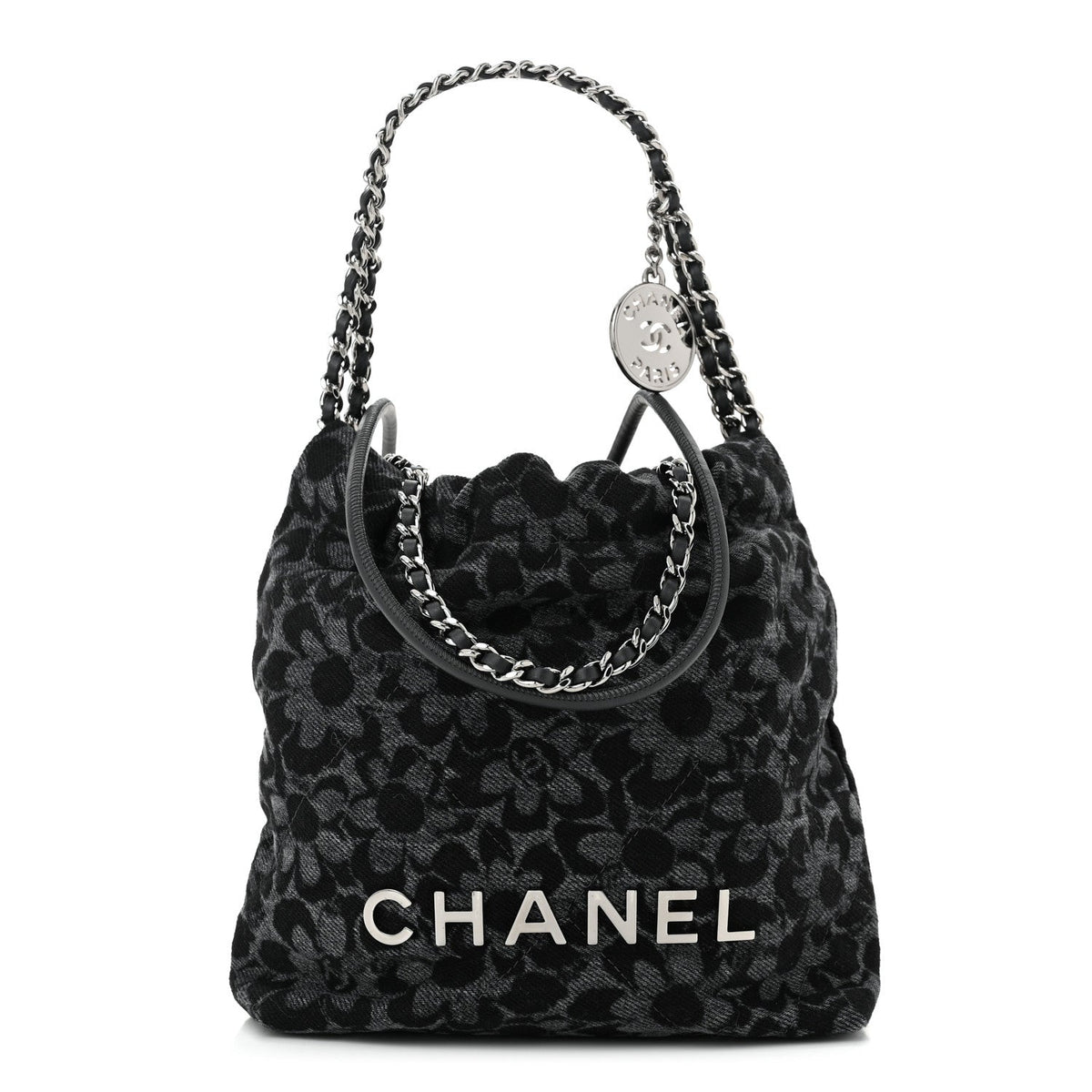 Denim Quilted Floral Print Mini Chanel 22 Black Grey