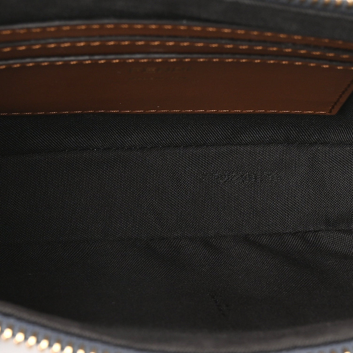 Denim Vitello Fringe FF Embroidered Baguette Pouch Myrtle Dark Nut