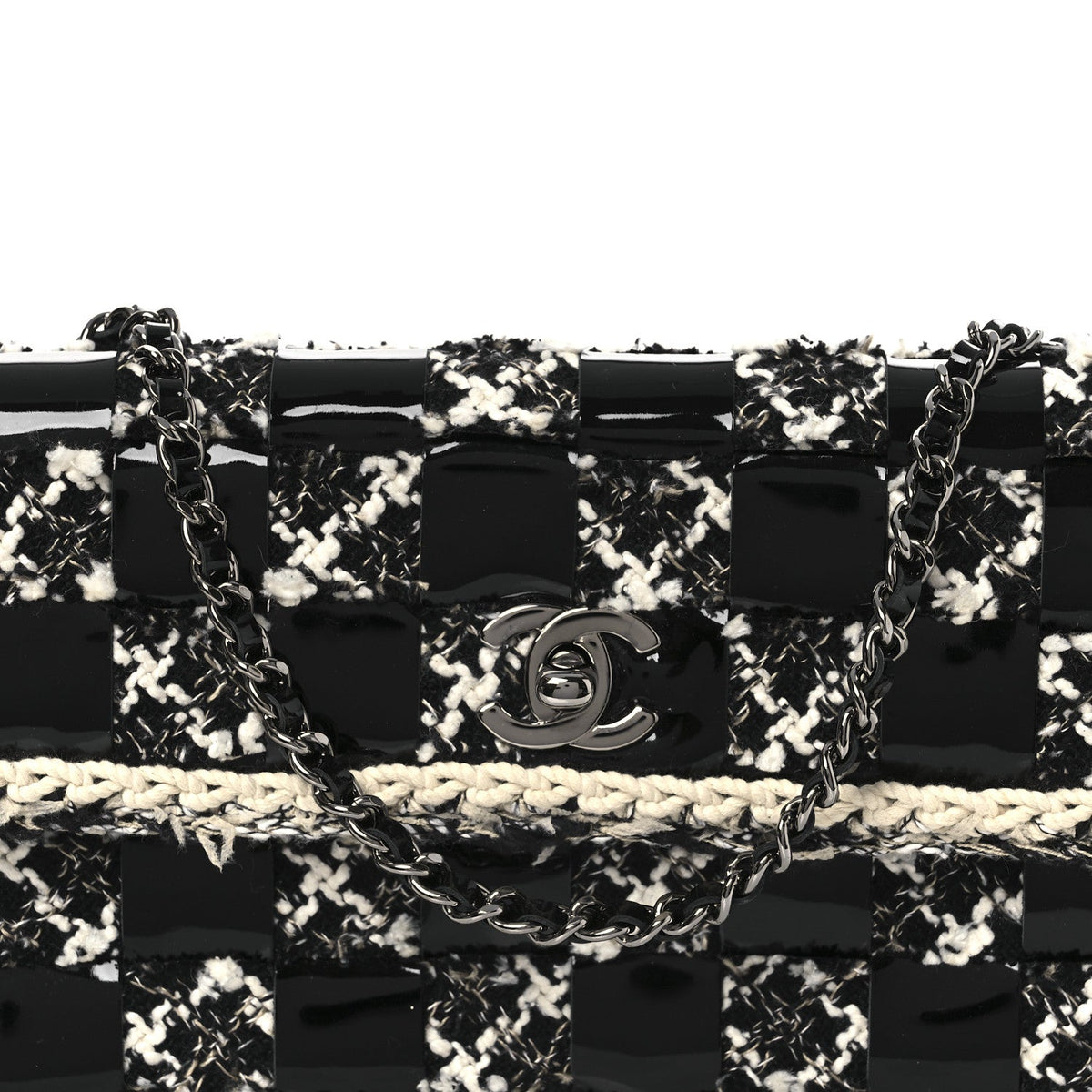 Tweed Patent Quilted Rectangular Flap Black White