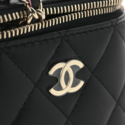 Lambskin Quilted Top Handle Mini Vanity Case With Chain Black Pink