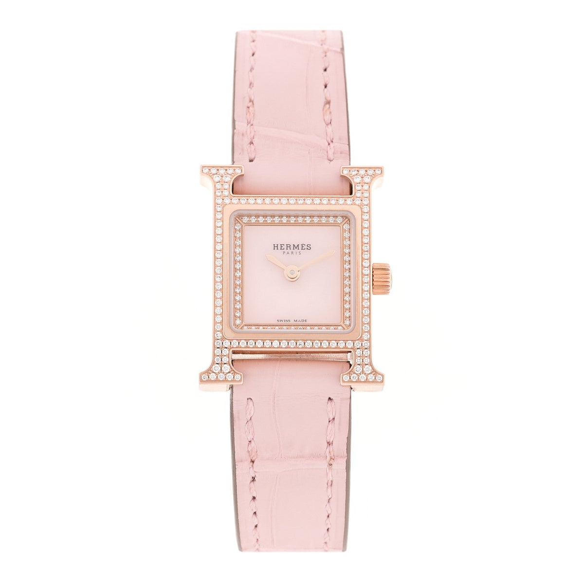 18K Rose Gold Alligator Diamond Bezel Rose Opal 17.2mm Heure H Hour Quartz Watch Rose Pale