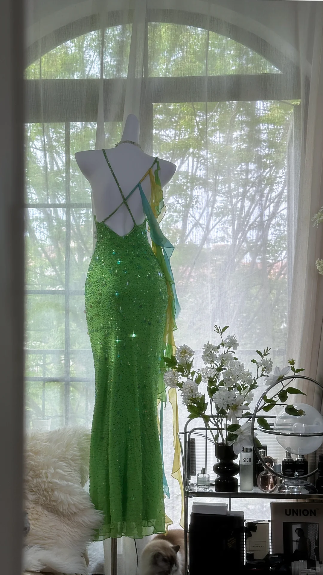Vintage Shiny Sequin Green Spaghetti Strap Design A-line Romantic Chiffon Evening Dress Prom Dress D1505
