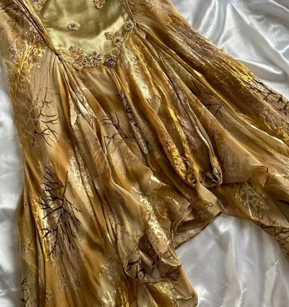 Vintage Golden Sweetheart Applique A-line Spaghetti Strap Evening Dress Prom Dresses, D1433
