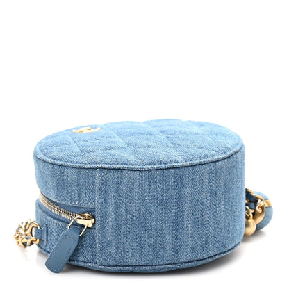 Denim Quilted Round Pearl Crush Clutch With Chain Blue