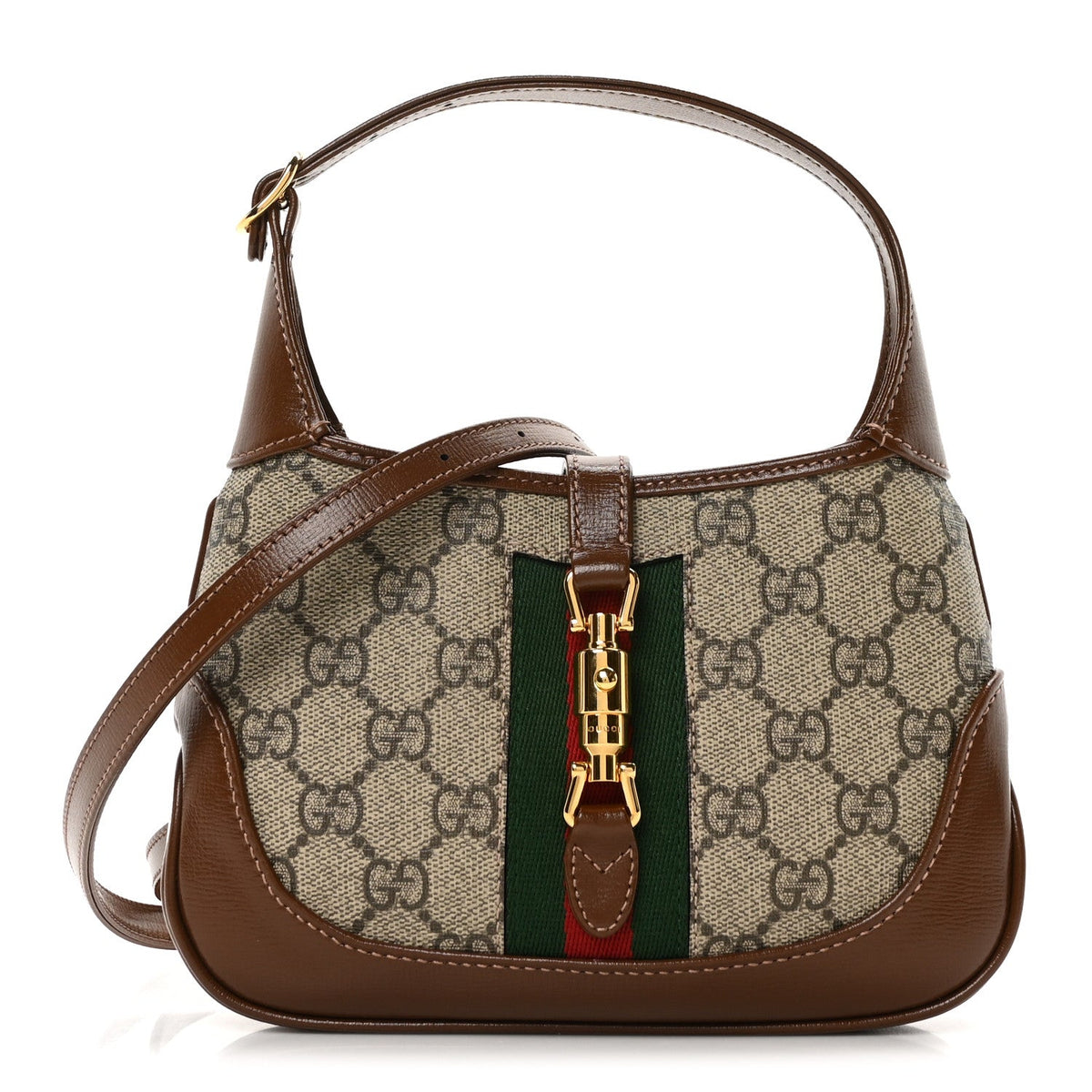 GG Supreme Monogram Azalea Calfskin Web Mini Jackie 1961 Hobo Beige Ebony Brown Sugar