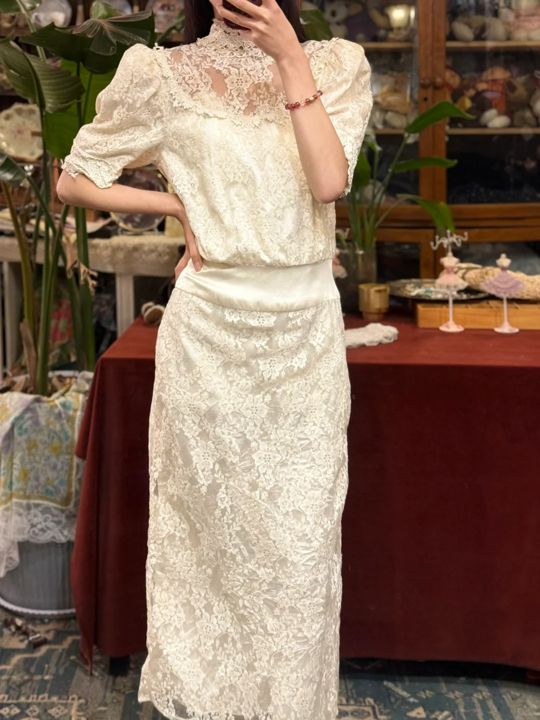 Vintage A Line High Neck White Lace Prom Dress Wedding Dress SH5562