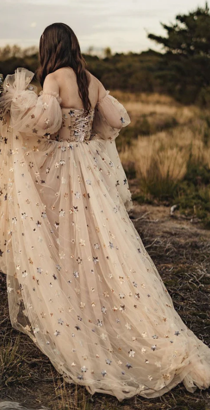 Sweetheart Champagne Tulle Bubble Sleeves Long A Line Prom Dress Beaded Evening Dress KS7039