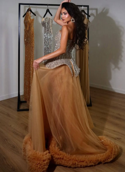 Stunning Shiny Rhinestone A Line Strapless Tulle Prom Dress Evening Dress SH6064
