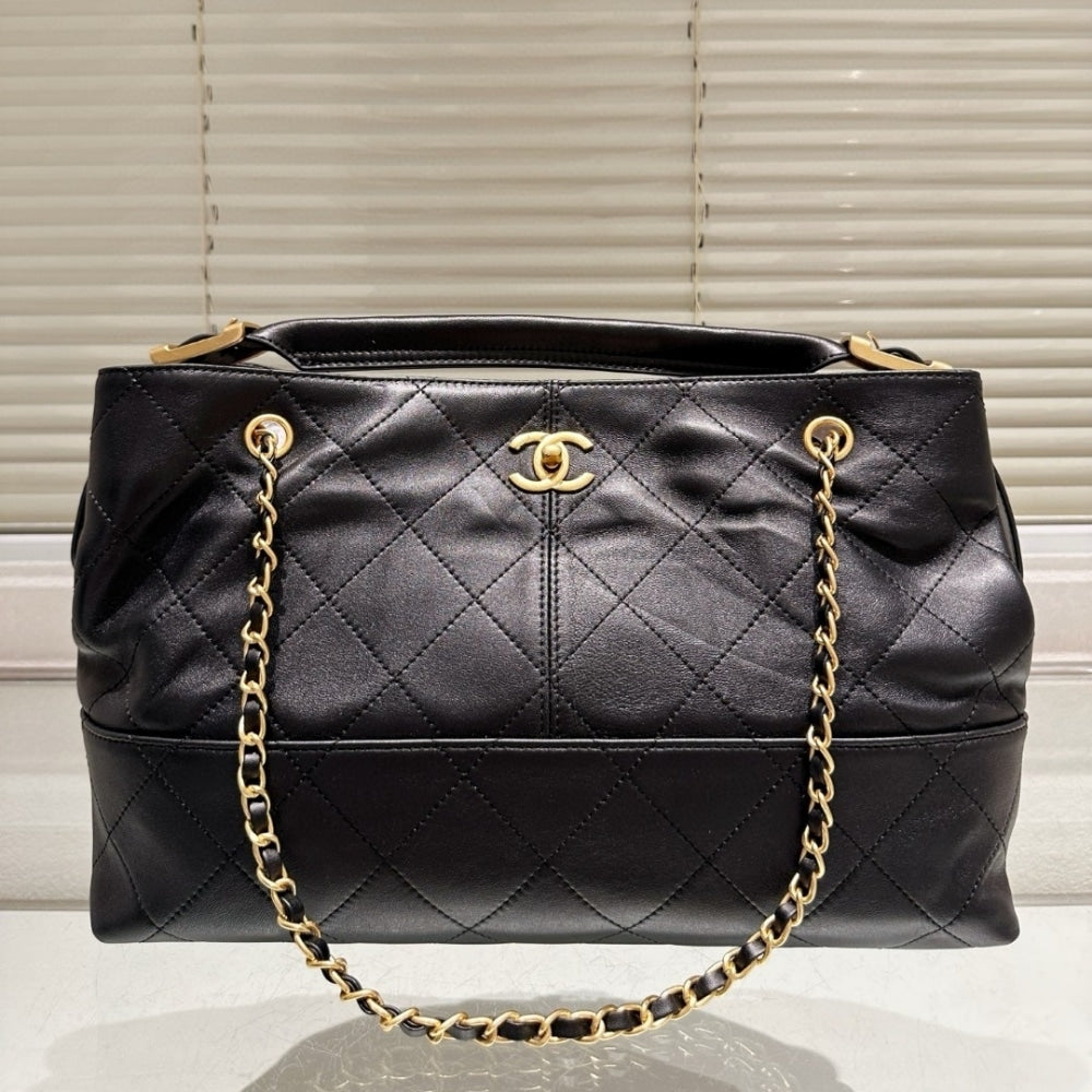 CHANEL SHOPPING BAG GOLD TONE MENTAL BLACK 36CM AS5657 B20829 94305