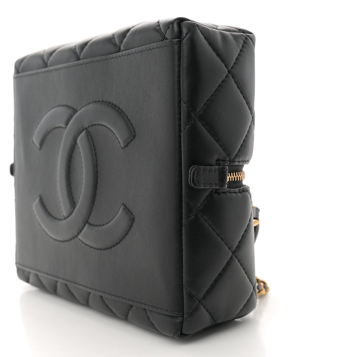 Calfskin Quilted Square Top Handle Vanity Case Black