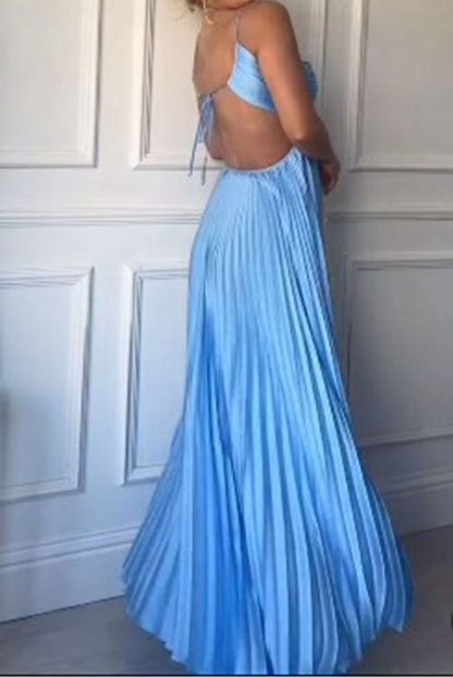 Blue Halter A-Line Open Back Pleated Satin Long Party Dress MD7318