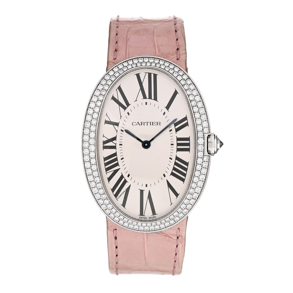 18K White Gold Alligator Diamond Bezel 33mm Baignoire Manual Winding Watch Pink