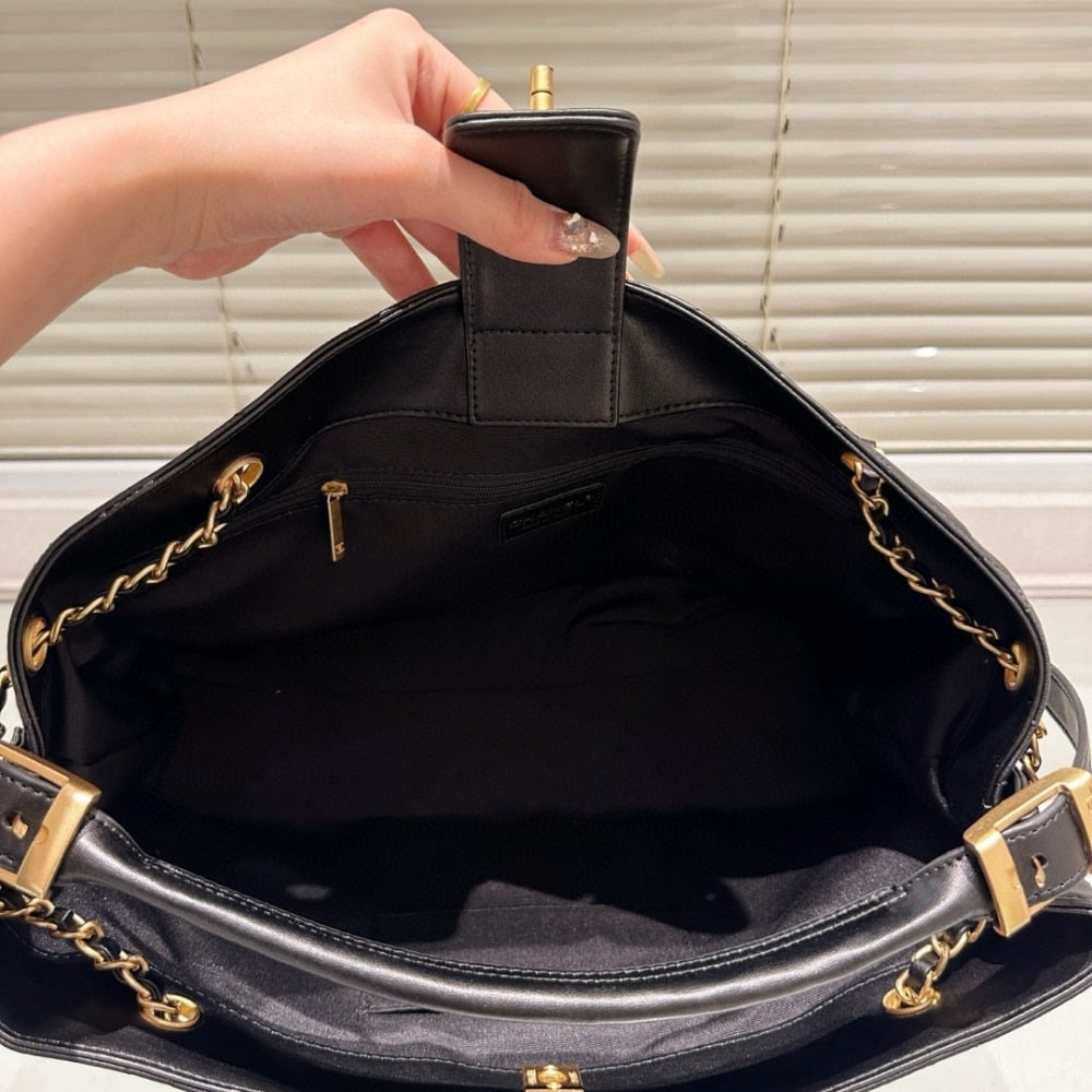 CHANEL SHOPPING BAG GOLD TONE MENTAL BLACK 36CM AS5657 B20829 94305