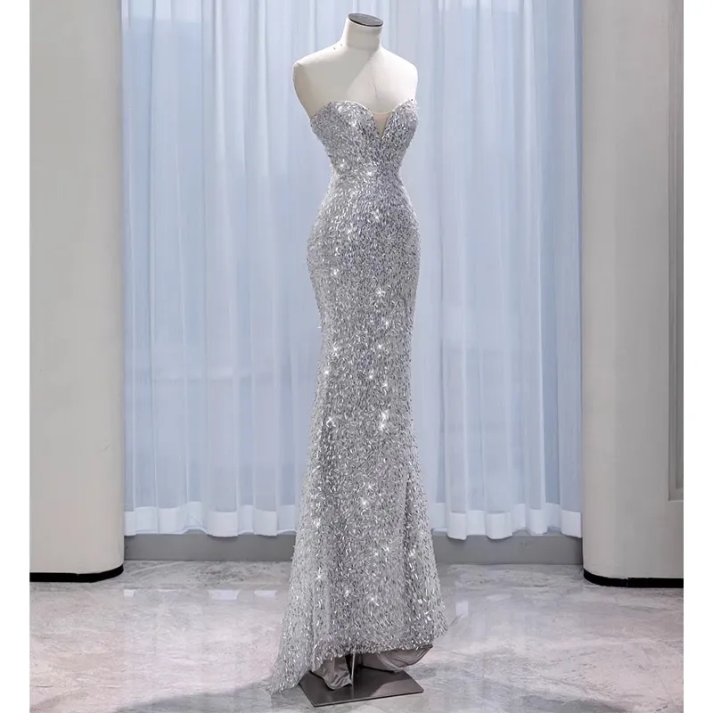 Stunning Silver Sweetheart Sequins Mermaid Long Formal Party Dress MD7400
