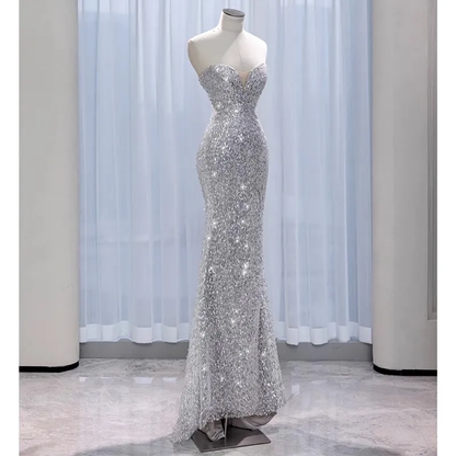 Stunning Silver Sweetheart Sequins Mermaid Long Formal Party Dress MD7400
