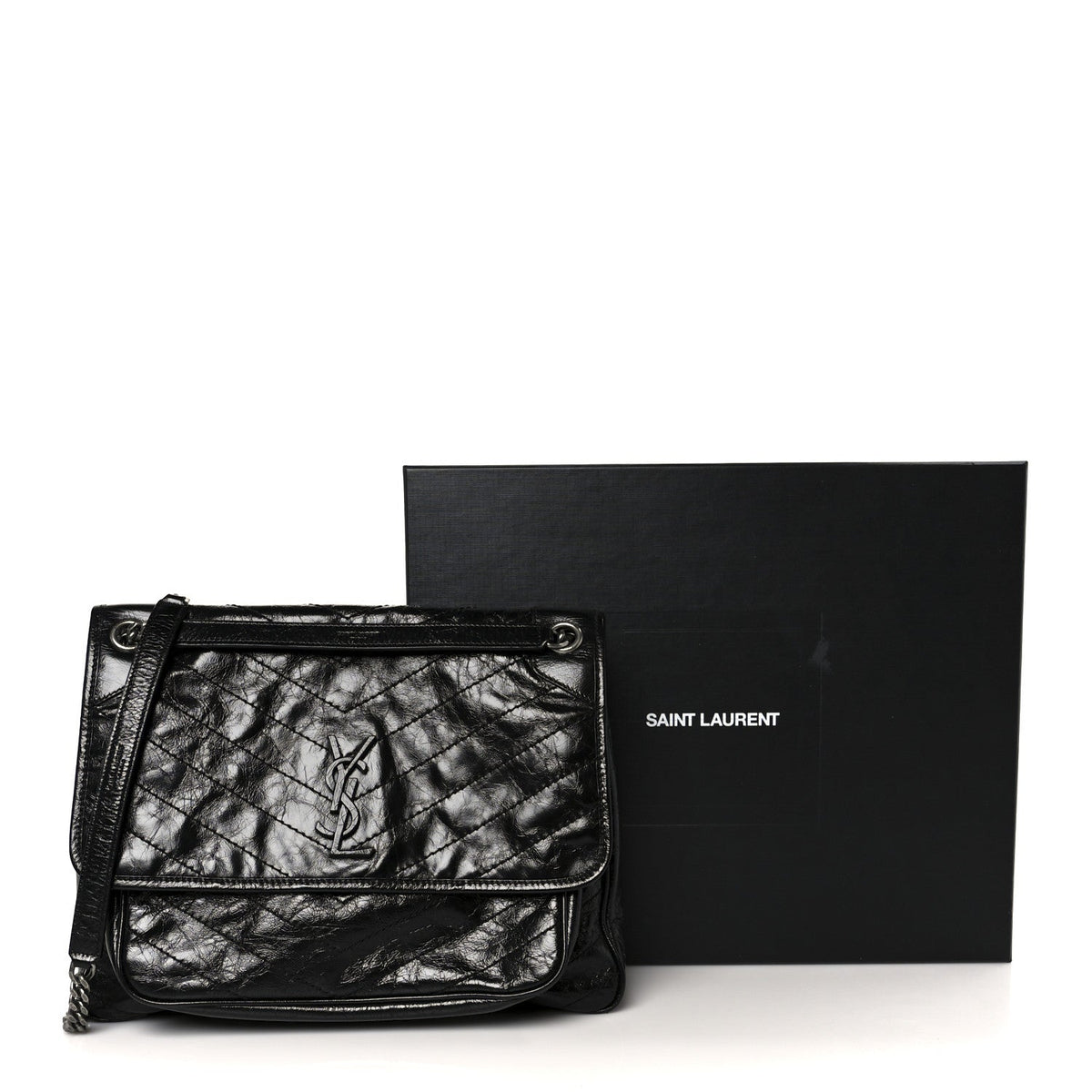 Crinkled Calfskin Matelasse Monogram Large Niki Chain Satchel Black