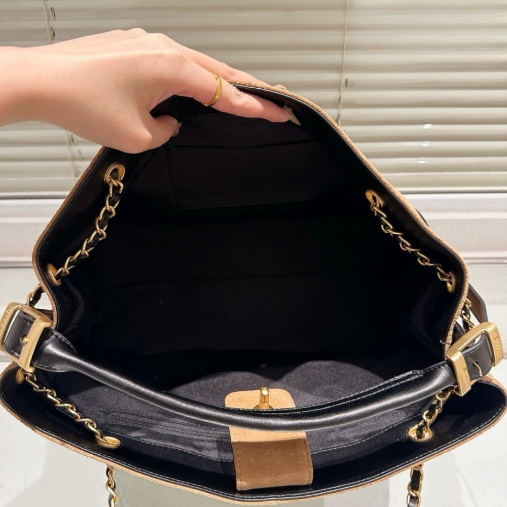 CHANEL SHOPPING BAG GOLD TONE MENTAL BEIGE AND BLACK 36CM AS5657 B20827 U1536