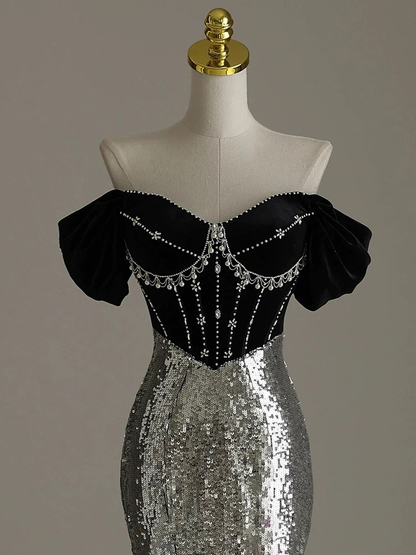 Black Off Shoulder Mermaid Sequins Long Prom Dress Birthday Gown MD7424