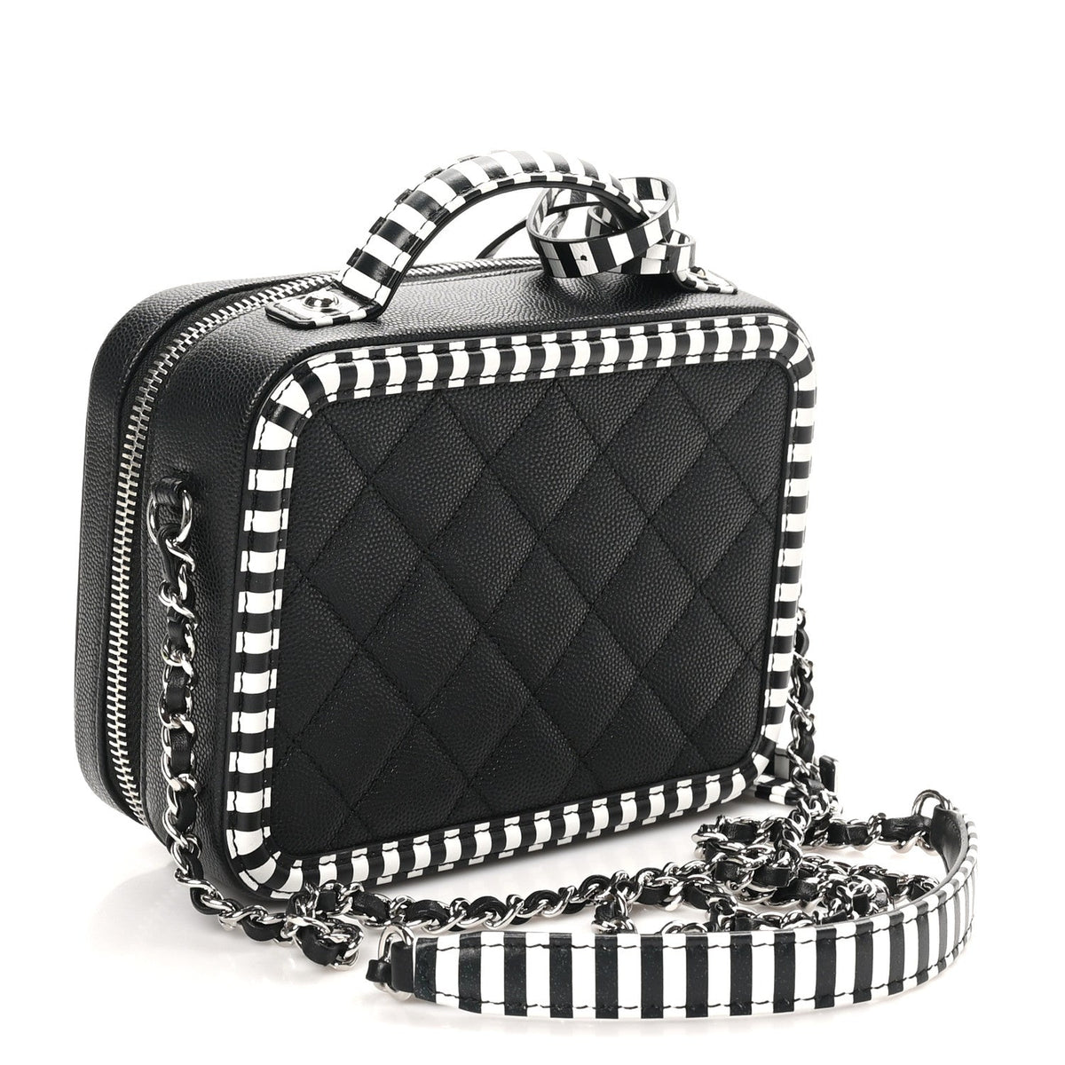 Caviar Quilted Striped Small CC Filigree Vanity Case Black White