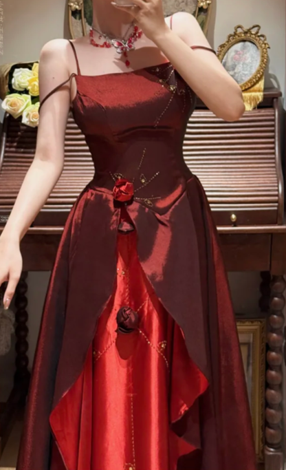 Stunning Burgundy A Line Straps Floral Beaded Ruffle Satin Prom Dress SH5652