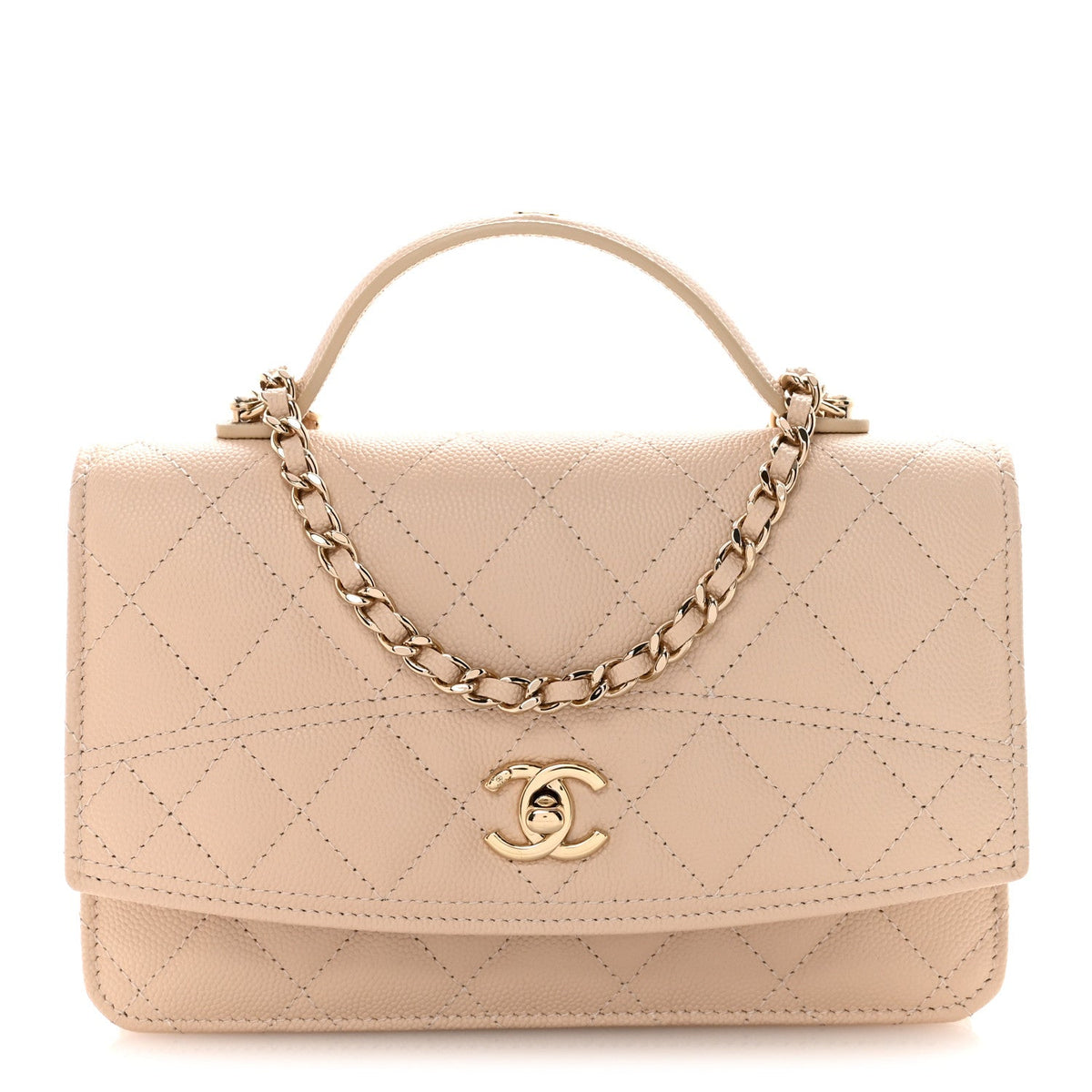 Caviar Quilted Trendy Handle Clutch With Chain Ecru