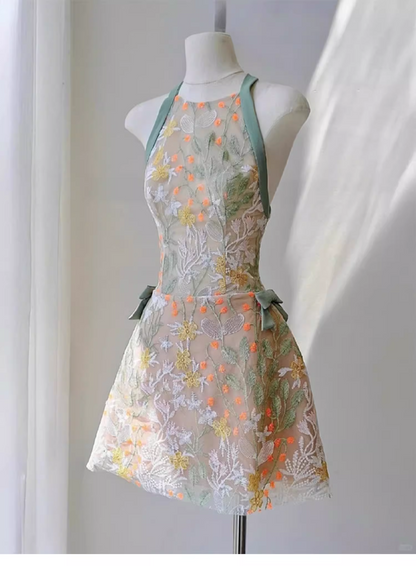 Vintage Fashion Floral Halter Dress Design A-line Party Dresses Homecoming Dresses, D1386