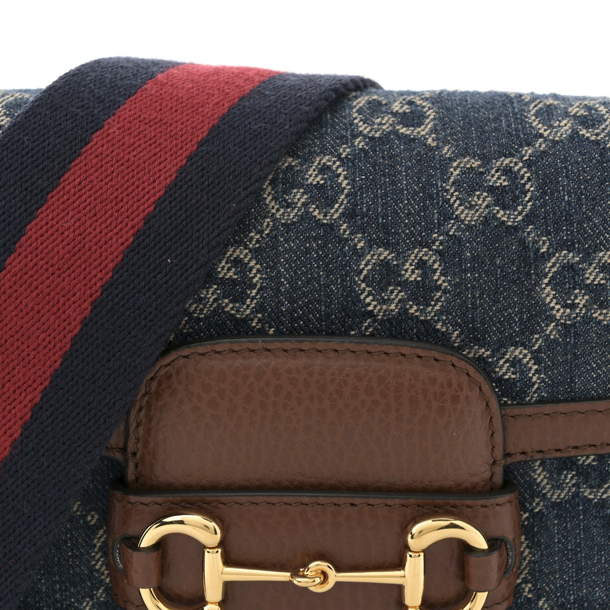 New Denim GG Monogram Dollar Calfskin Web Mini Horsebit 1955 Shoulder Bag Blue Tea Cuir Epilog
