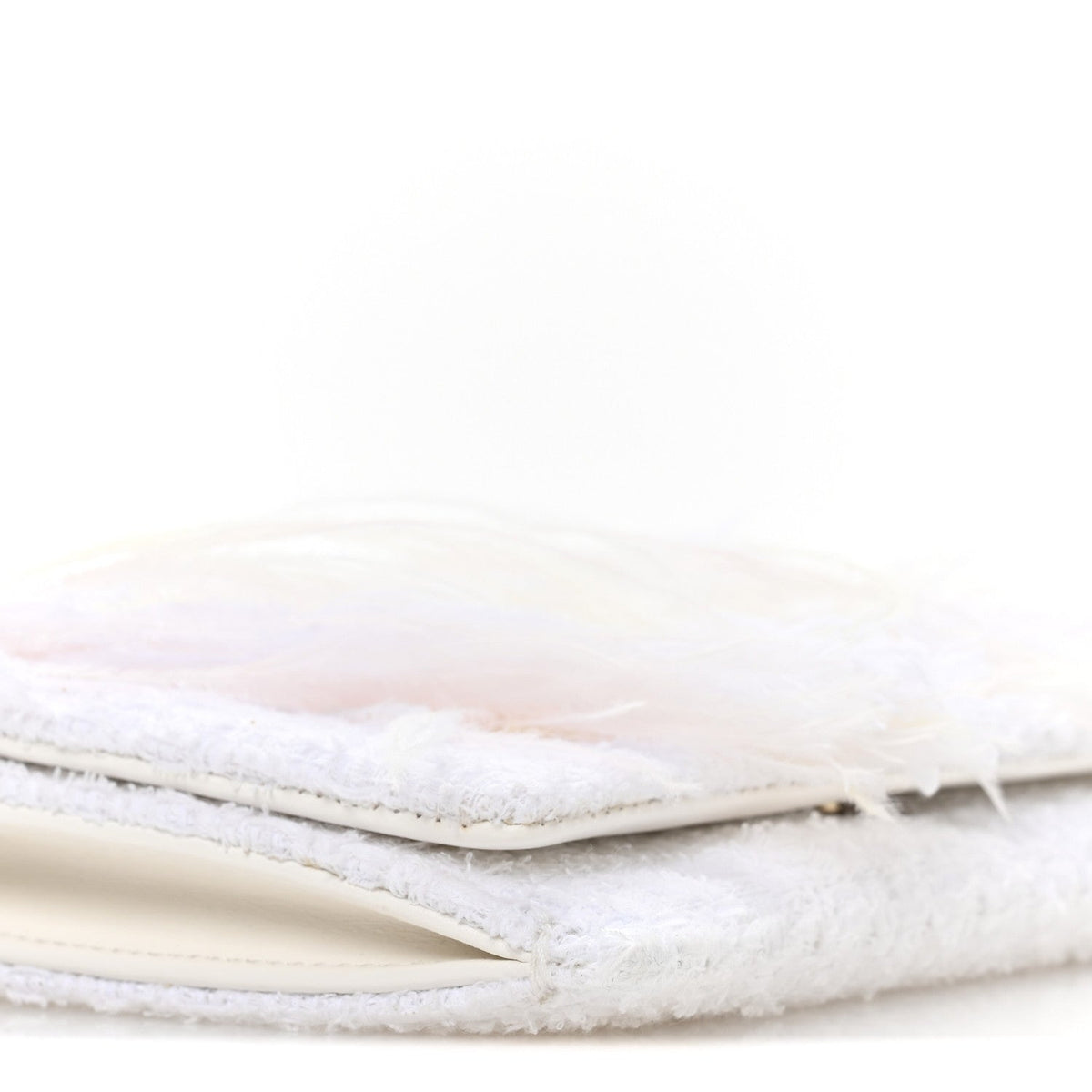 Tweed Embroidered Feathers Pearl Crystal Clutch White