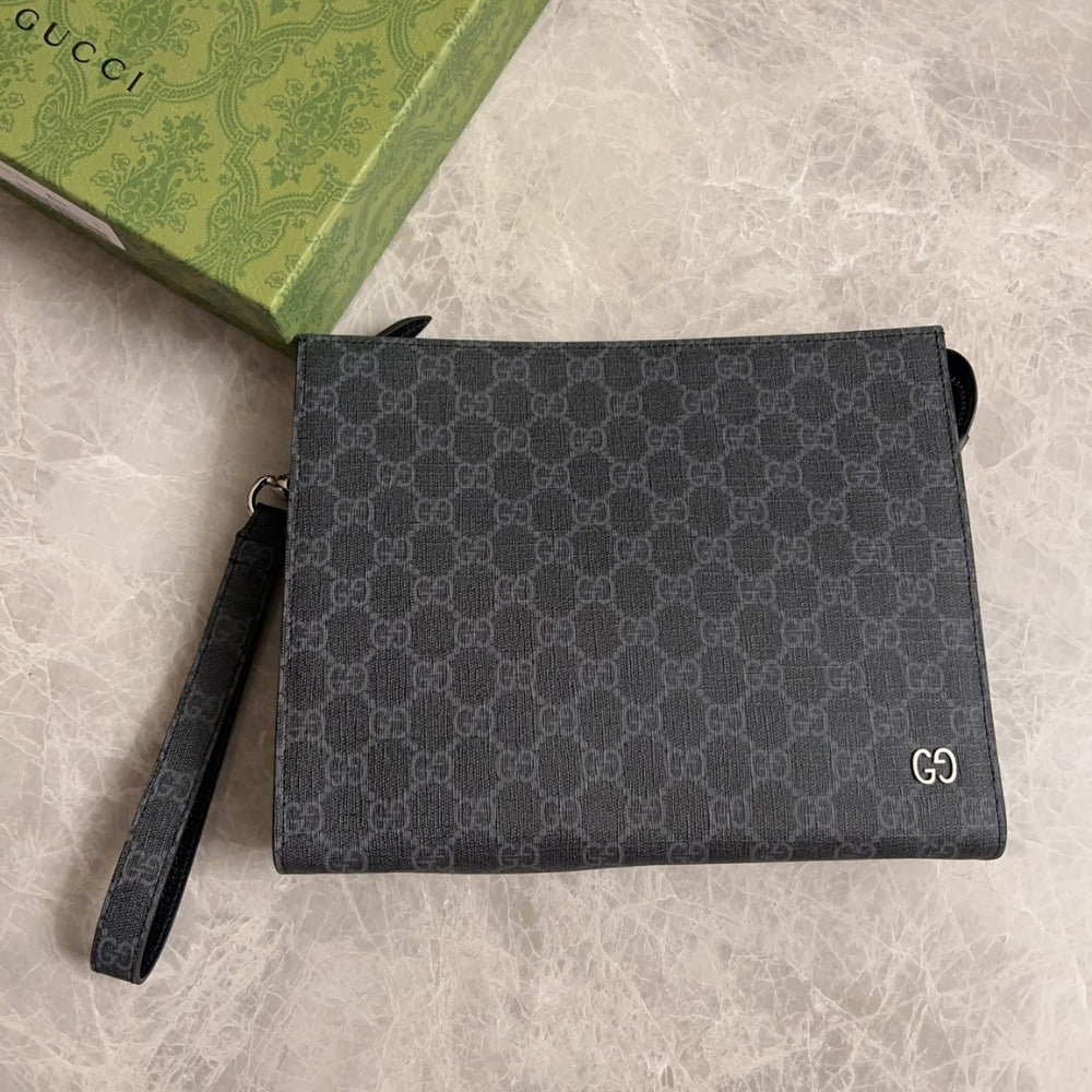 GUCCI GG POUCH WITH GREY TRIM BLACK 18CM 768255 FACQC 1048
