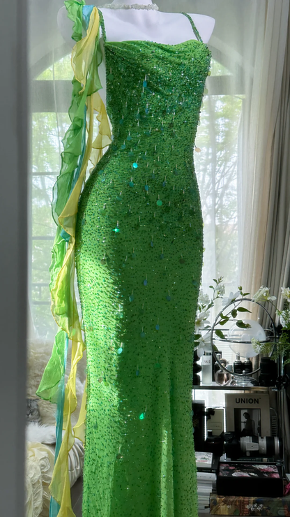 Vintage Shiny Sequin Green Spaghetti Strap Design A-line Romantic Chiffon Evening Dress Prom Dress D1505