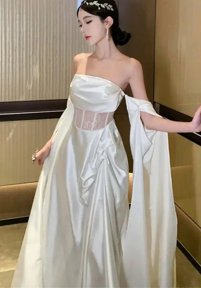 White Off Shoulder A-Line Lace Satin Long Prom Dress Wedding Dress MD7537