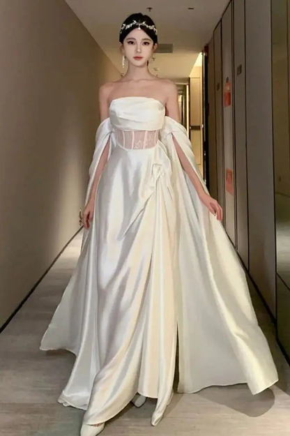 White Off Shoulder A-Line Lace Satin Long Prom Dress Wedding Dress MD7537