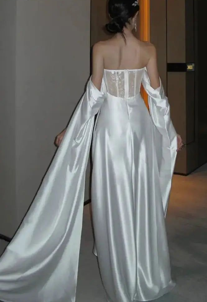 White Off Shoulder A-Line Lace Satin Long Prom Dress Wedding Dress MD7537