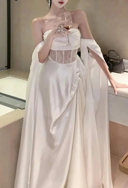 White Off Shoulder A-Line Lace Satin Long Prom Dress Wedding Dress MD7537