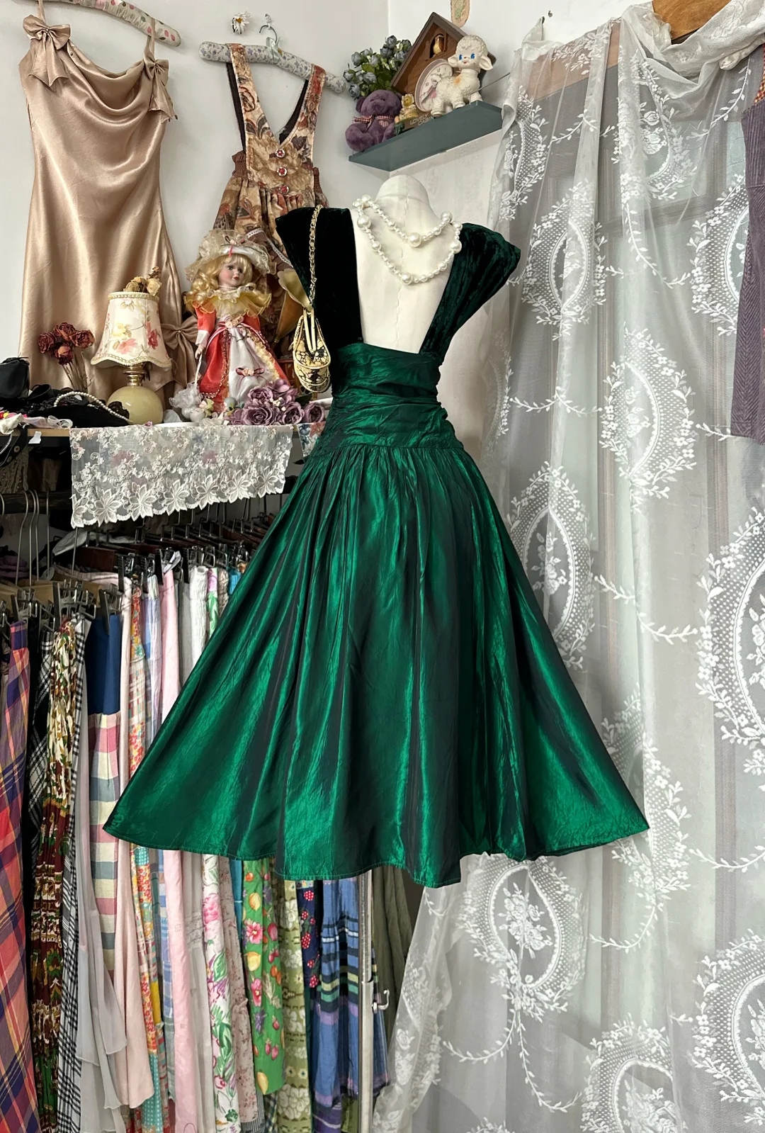 Vintage Hunter Green A Line Round Neck Velvet Satin Short Prom Dress SH5247