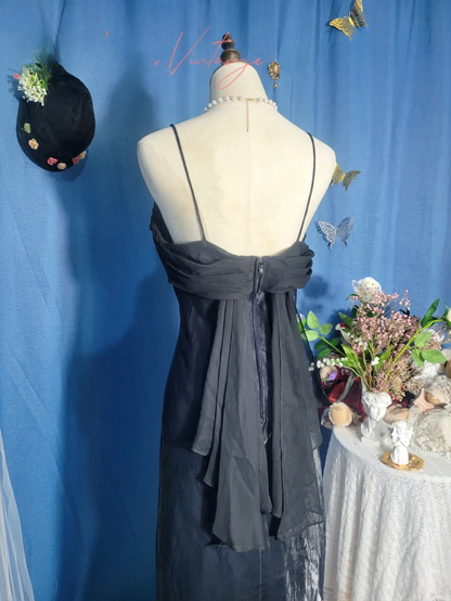 Vintage Black Simple Mermaid Spaghetti Strap Chiffon Satin Prom Dress Outfits SH4955