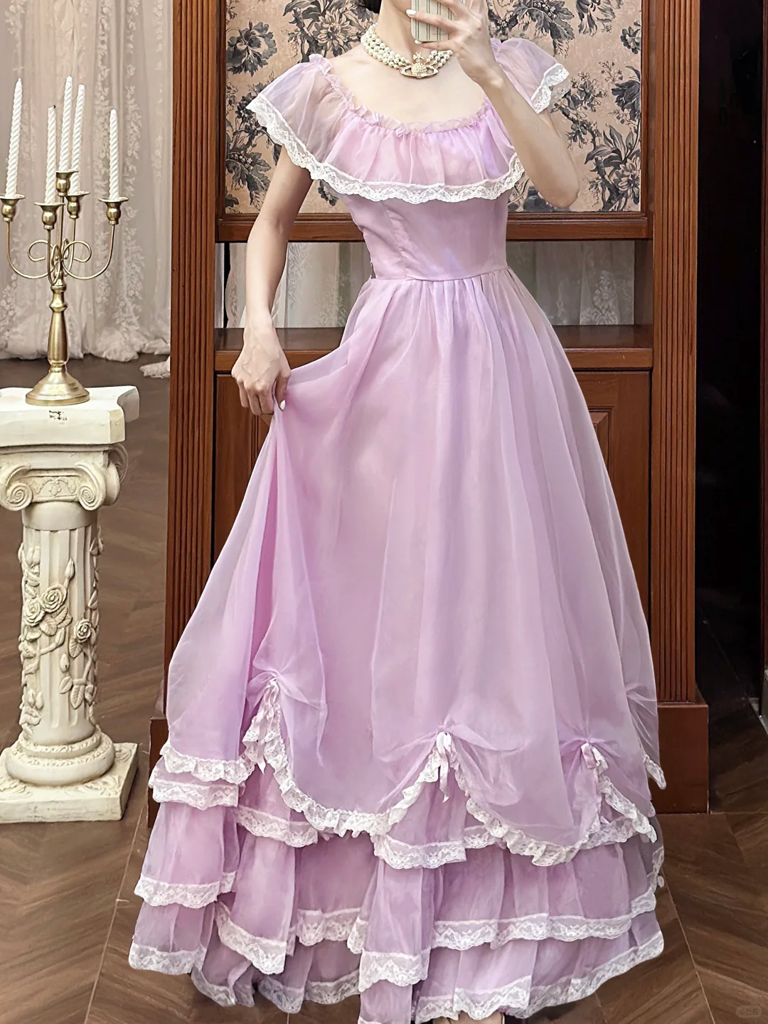 Vintage Lilac A Line Round Neck White Lace Chiffon Long Prom Dress Evening Dress SH5656