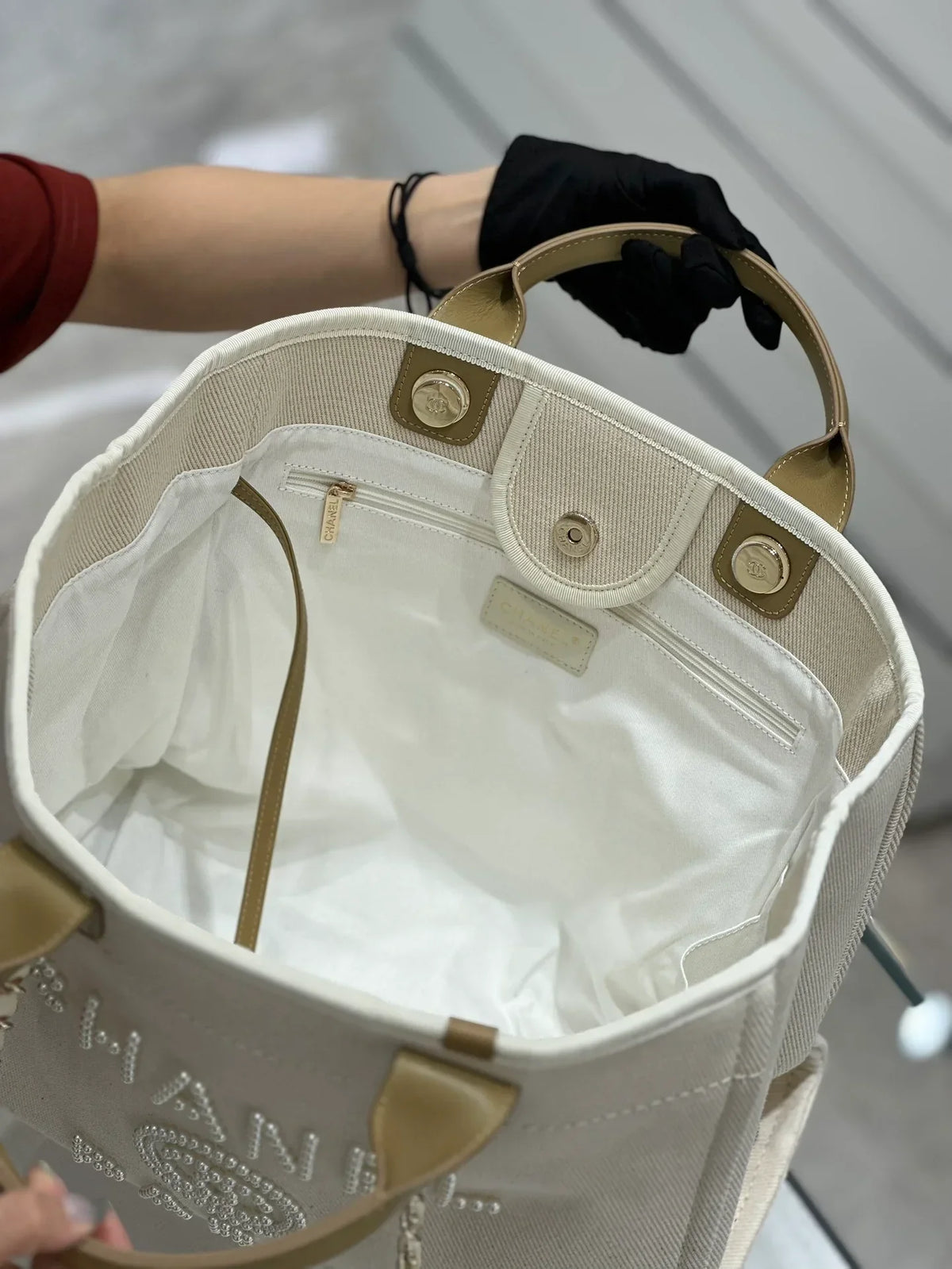 Chanel Natural Canvas and Tan Leather Large Pearl Deauville Tote - 30x39x22cm
