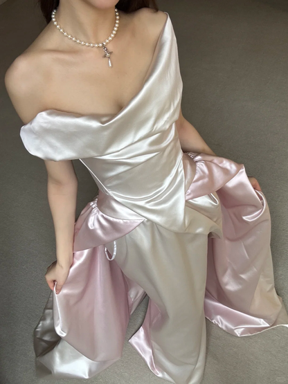Unique Pink White Ombre A Line Off the Shoulder Pleated Satin Long Wedding Dress SH5152