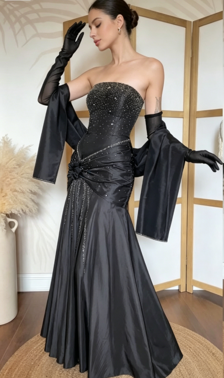 Vintage Black Mermaid Strapless Shiny Beaded Satin Long Party Dress Prom Dress SH5466
