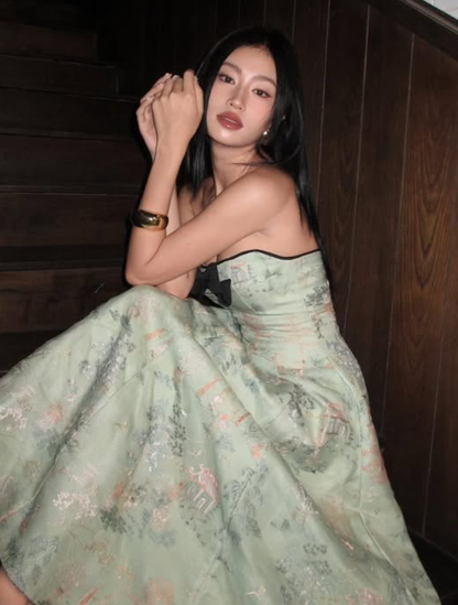 Vintage A Line Strapless Print Floral Green Satin Long Prom Dress Graduation Prom Dress SH5300