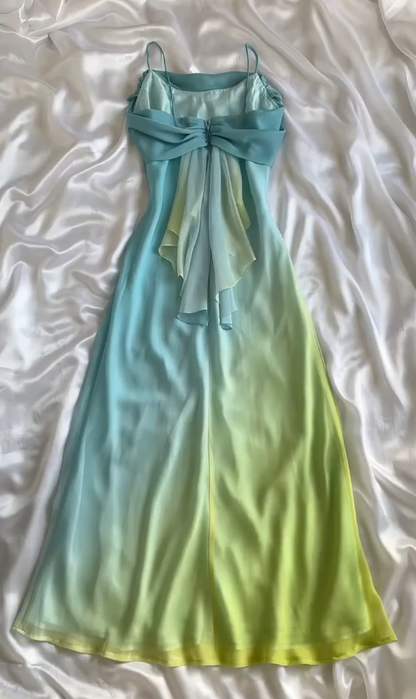 Vintage Blue Green Ombre A Line Straps Chiffon Long Prom Dress Wedding Guest Dress SH5457