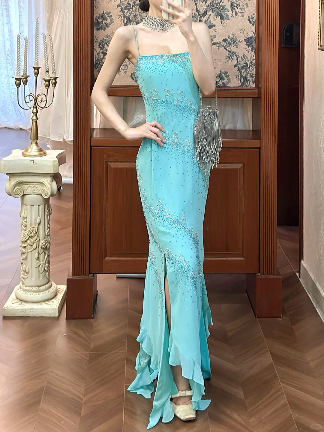 Vintage Blue Sheath Spaghetti Straps Beaded Chiffon Long Prom Dress SH5207